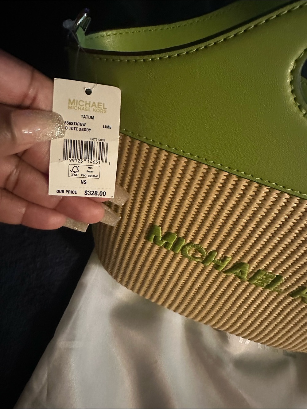 Michael Kors Natural Straw Tote with Lime Green Trim - Picture 3 of 6